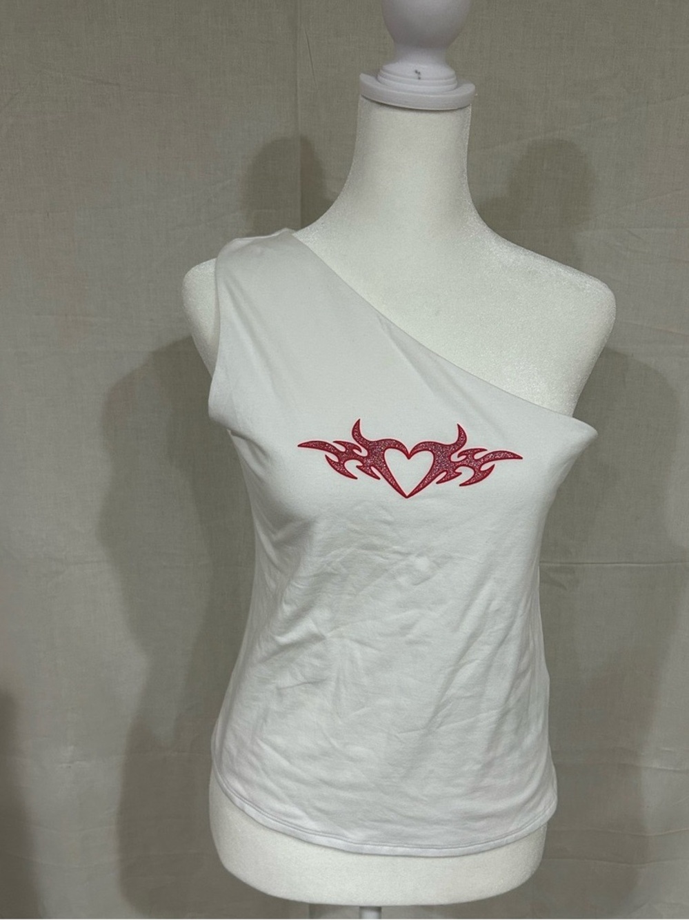 White One-Shoulder Tank with Red Heart Tribal Motif